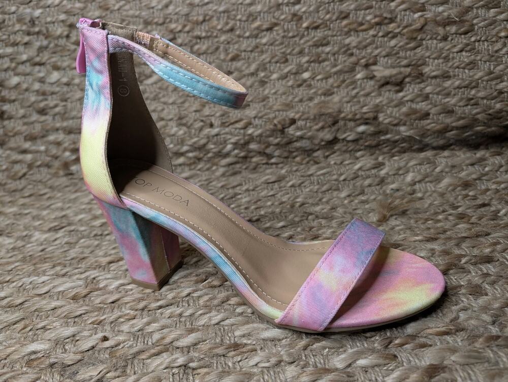 NEW! Top Moda Hannah Pastel Tie-Dye Chunky Block Heel Sandals Size 8